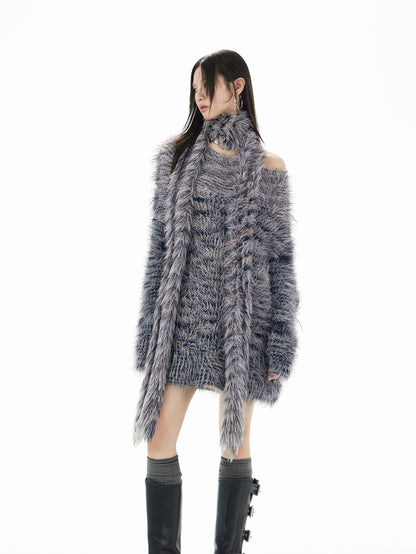 Fluffily Oversize One-Shoulder Loose Mohair-Knit＆Muffler