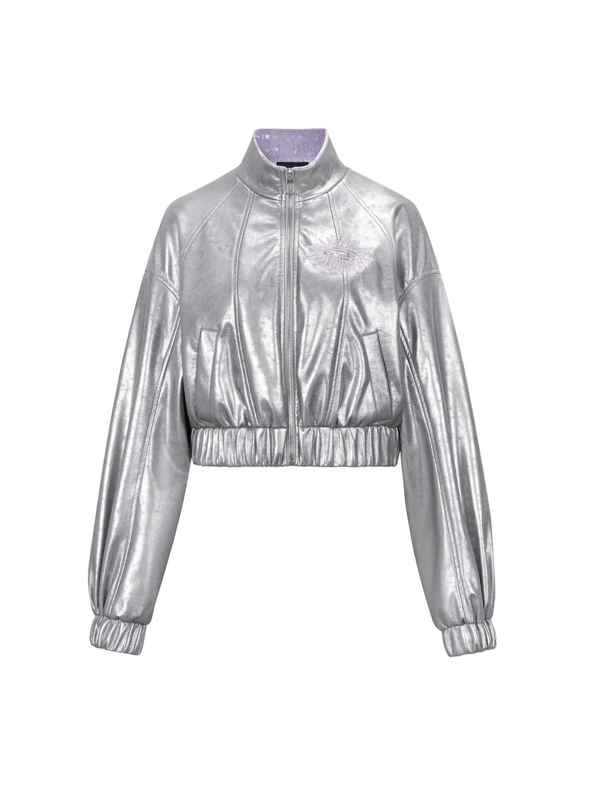 Metallic Glossy Stand-Collar Sporty Casual Conspicuous Jacket