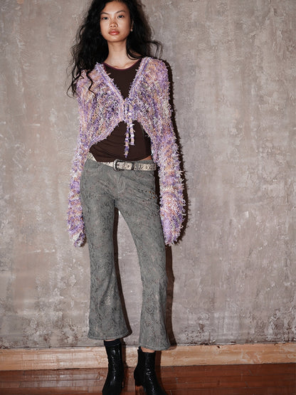 Corduroy Cropped Western Flare Studs Embroidery Pants