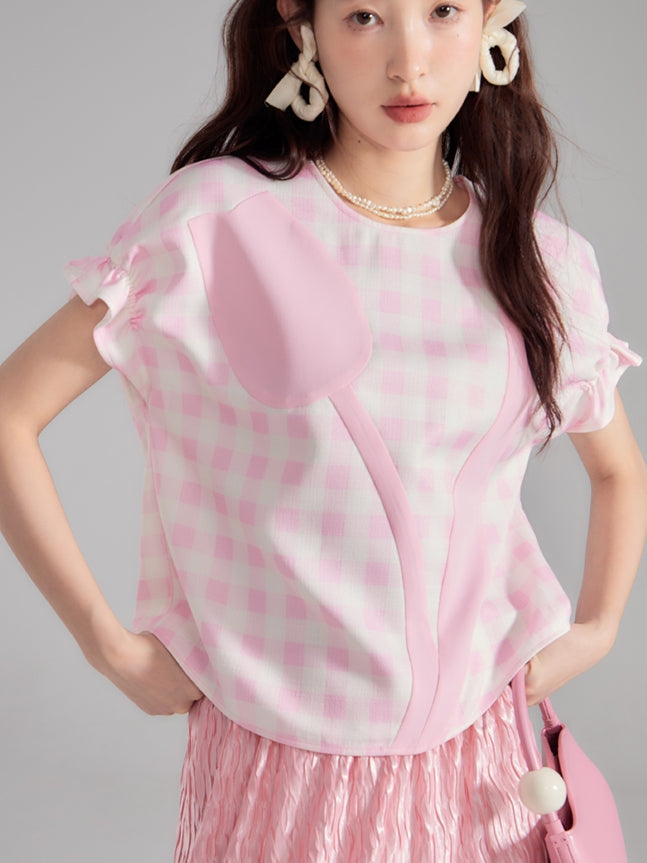 Checked Tulip Girly Candy-Sleeve Blouse &amp; Long-Skirt