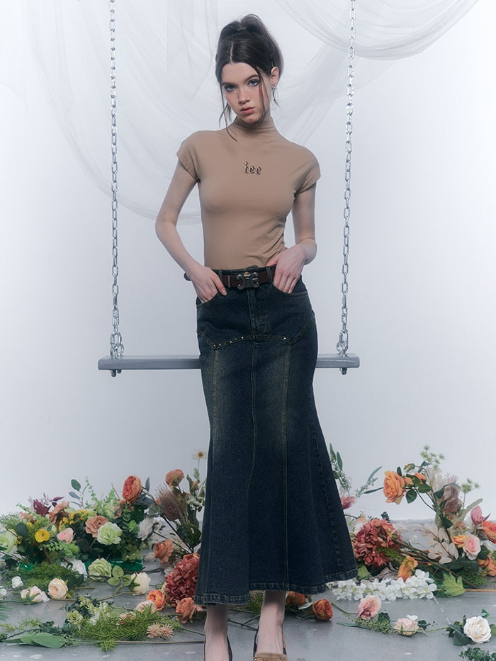 Denim sirène rivet long-jupe