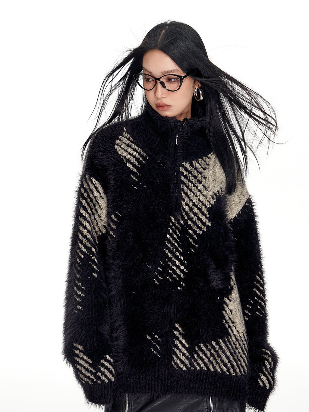 High-Neck Fluffily Half-Zip Casual Oversize Mohair-Knit