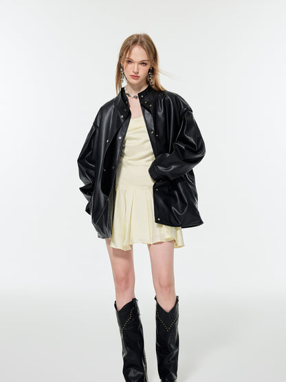 Smooth Middle Cool Simple Oversize Letaher-Jacket