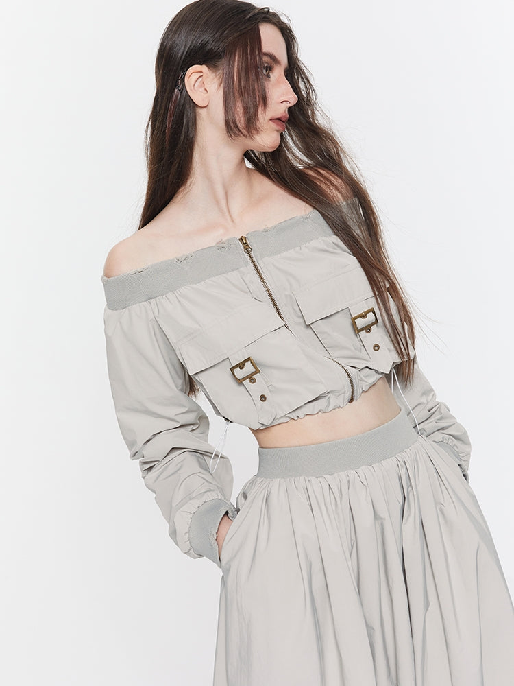 Off-Shoulder-Schaden Ballon Toops &amp; Long-Scirt