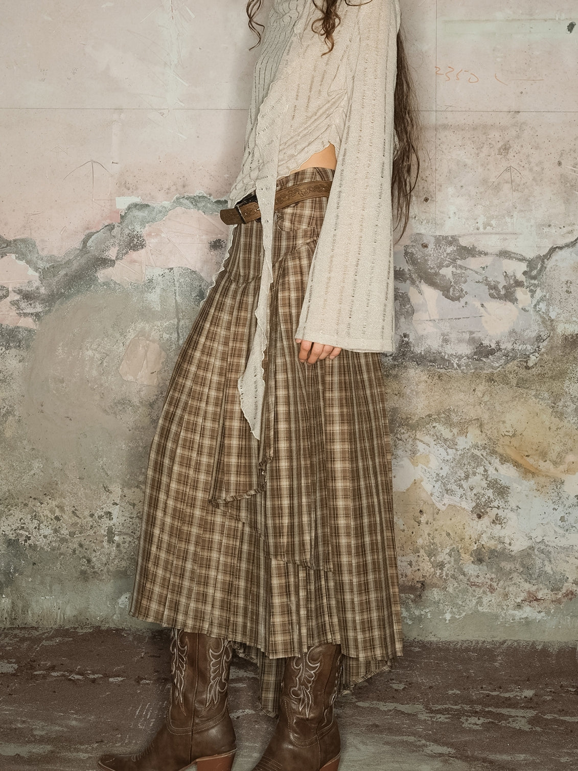 Tiered Asymmetry Checked Girly Nichi Long-Skirt