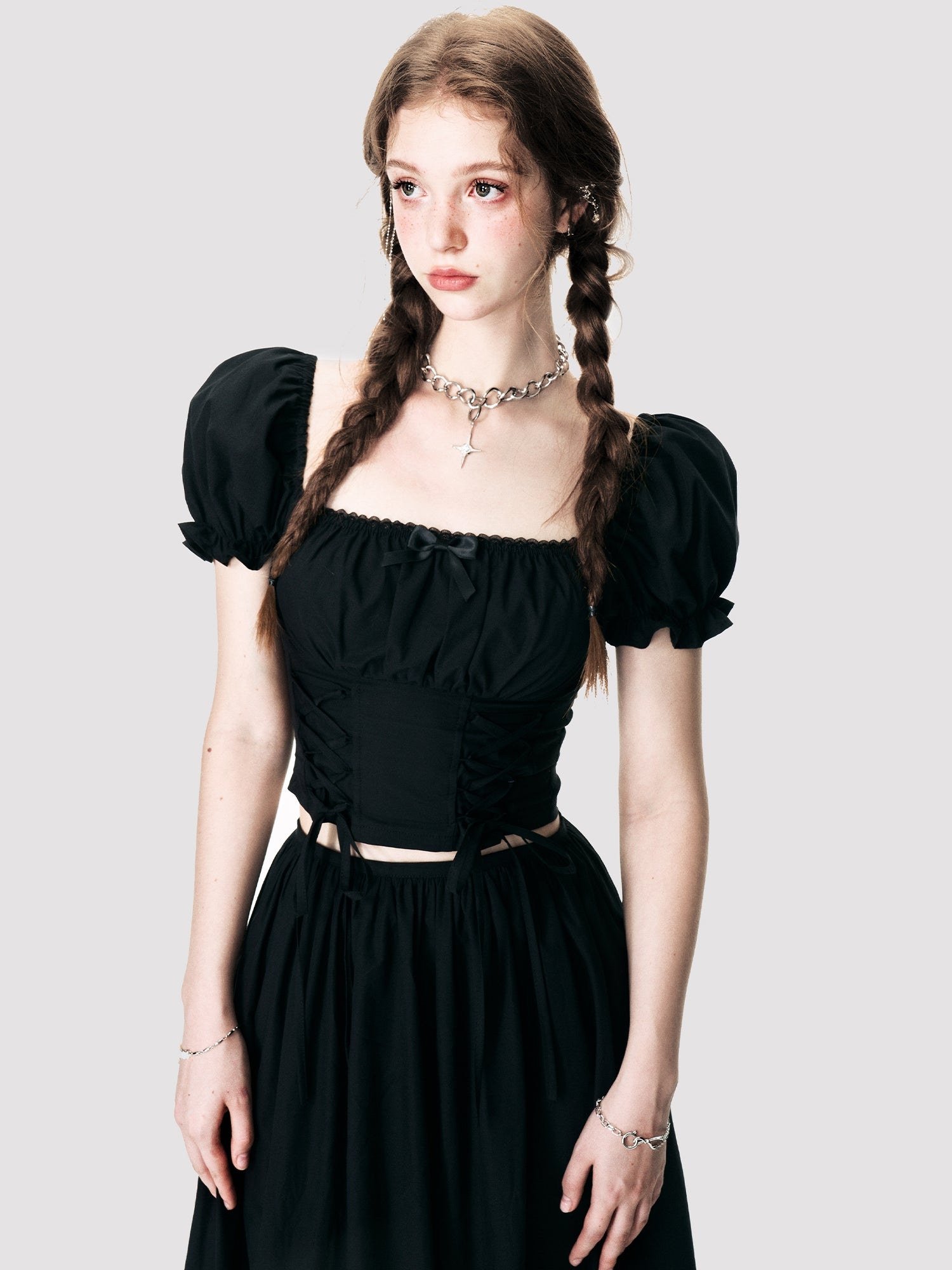 Puff-Sleeve Cropped Lace-Up Back-Open Blouse&amp;Long-Skirt