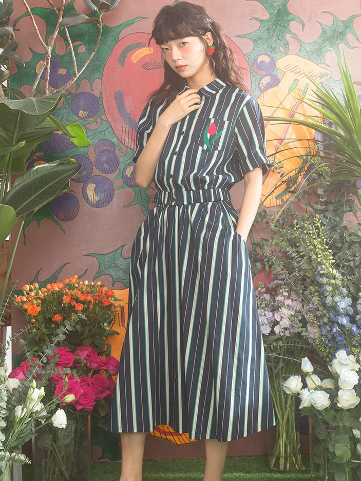 Stripe Casual Smmer Tulip Shirt&amp;Long-Skirt