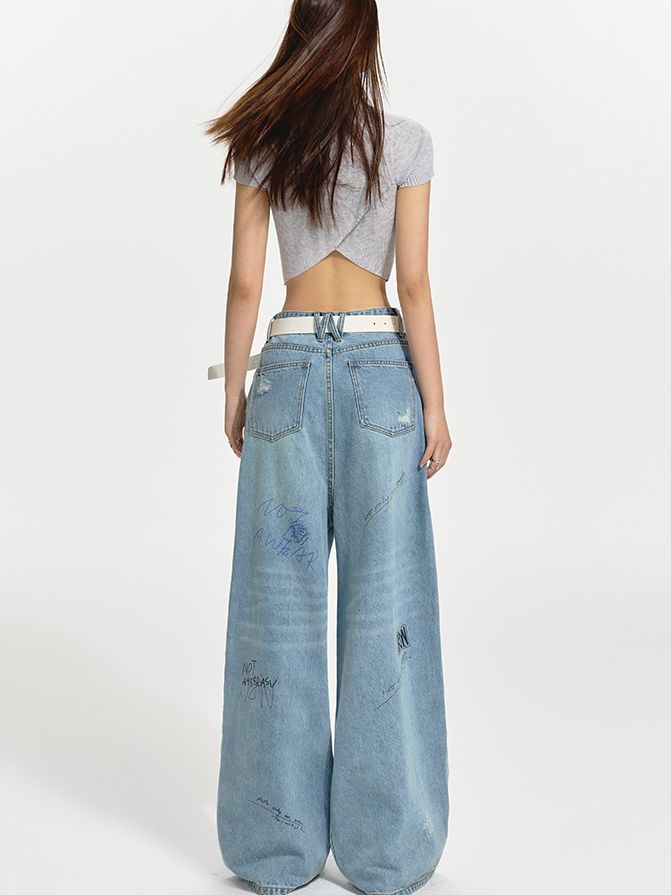 Logo Wide-Leg Denim Casual Loose Pants