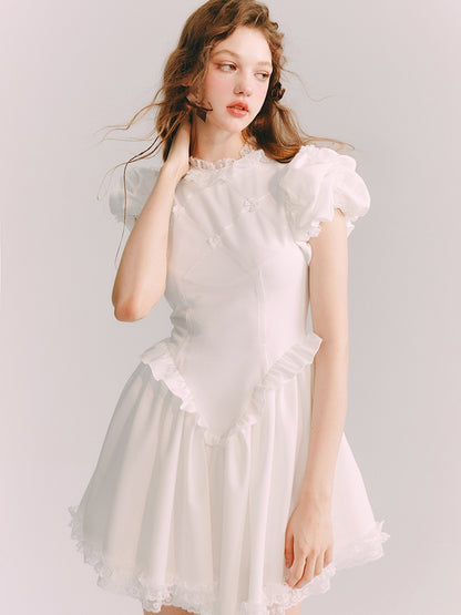 Puff-Sleeve Lace Frill Princess One-Piece