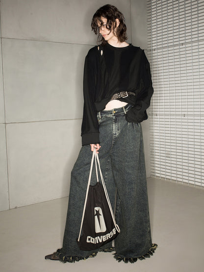 Denim Cut-Off Tassel Casual Wide-Pants