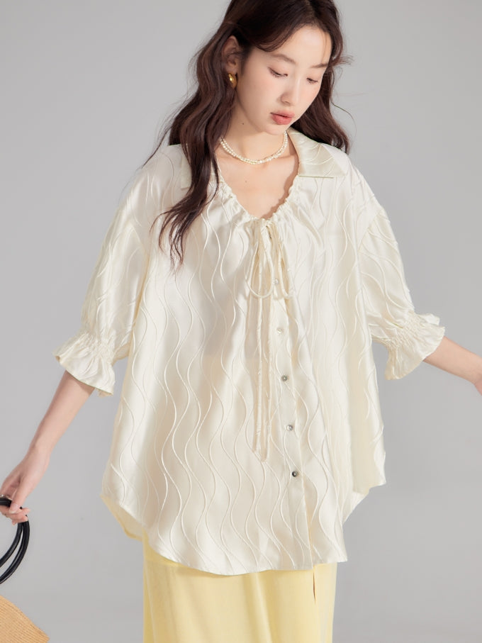 Embroidery Oversize Candy-Sleeve Wave Blouse