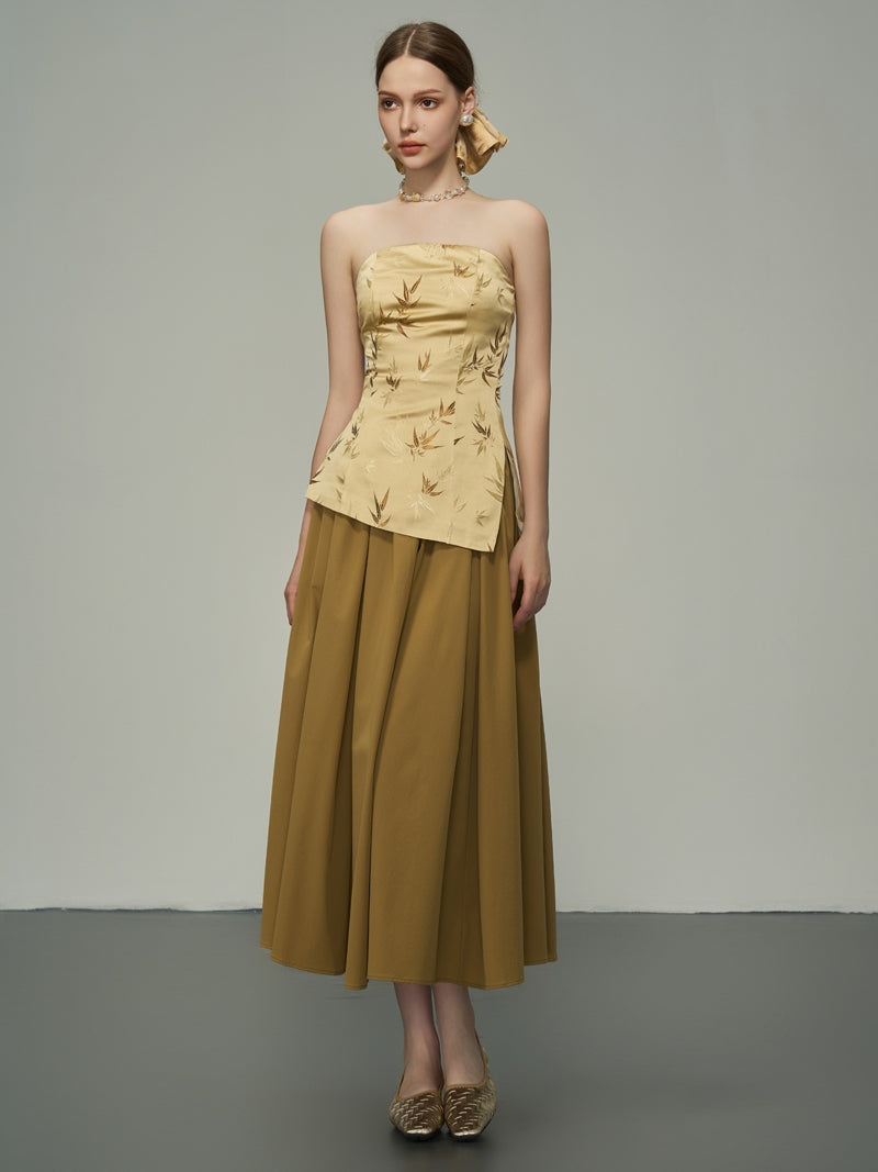 Glossy Embroidery Japanese Retrp Bare-Top &amp; Long-Skirt