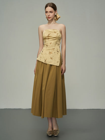 Glossy Embroidery Japanese Retrp Bare-Top＆Long-Skirt