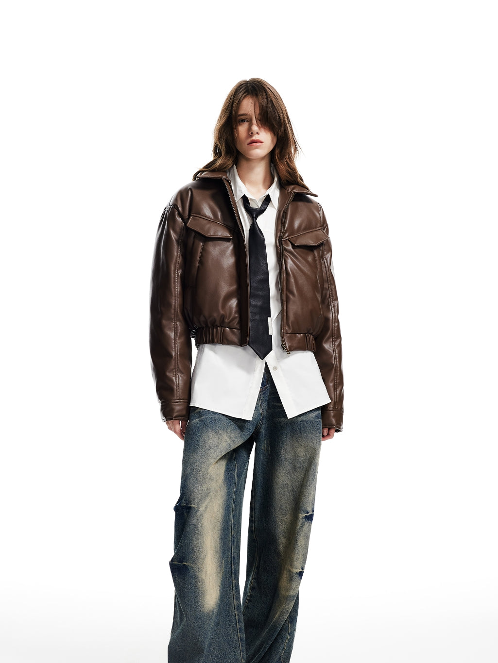 Short Plain Classic Leather-Jacket Down-Jacket