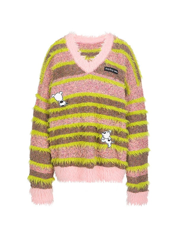 Badge V-Neck Fluffily Border Casual Oversize Mohair-Knit