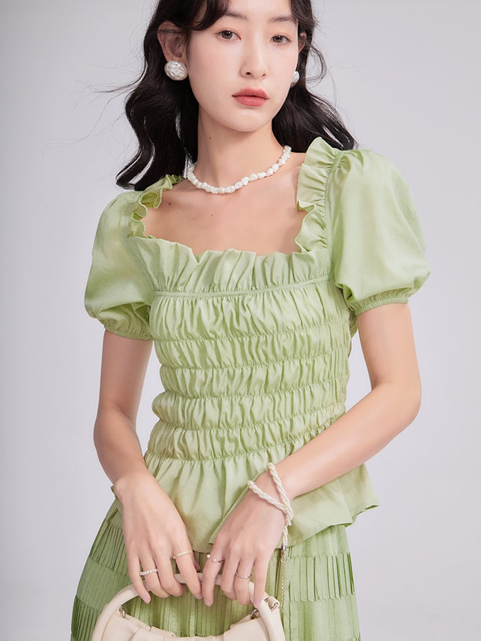 Gather Frill Puff-Sleeve Peplum Chic Blouse&amp;Long-Skirt