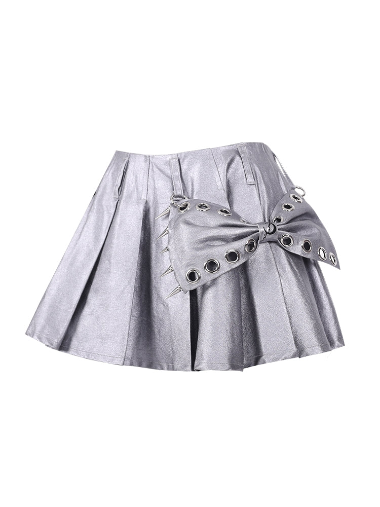 Metallic Glossy Punk Ribbon Pleats Mini-Skirt