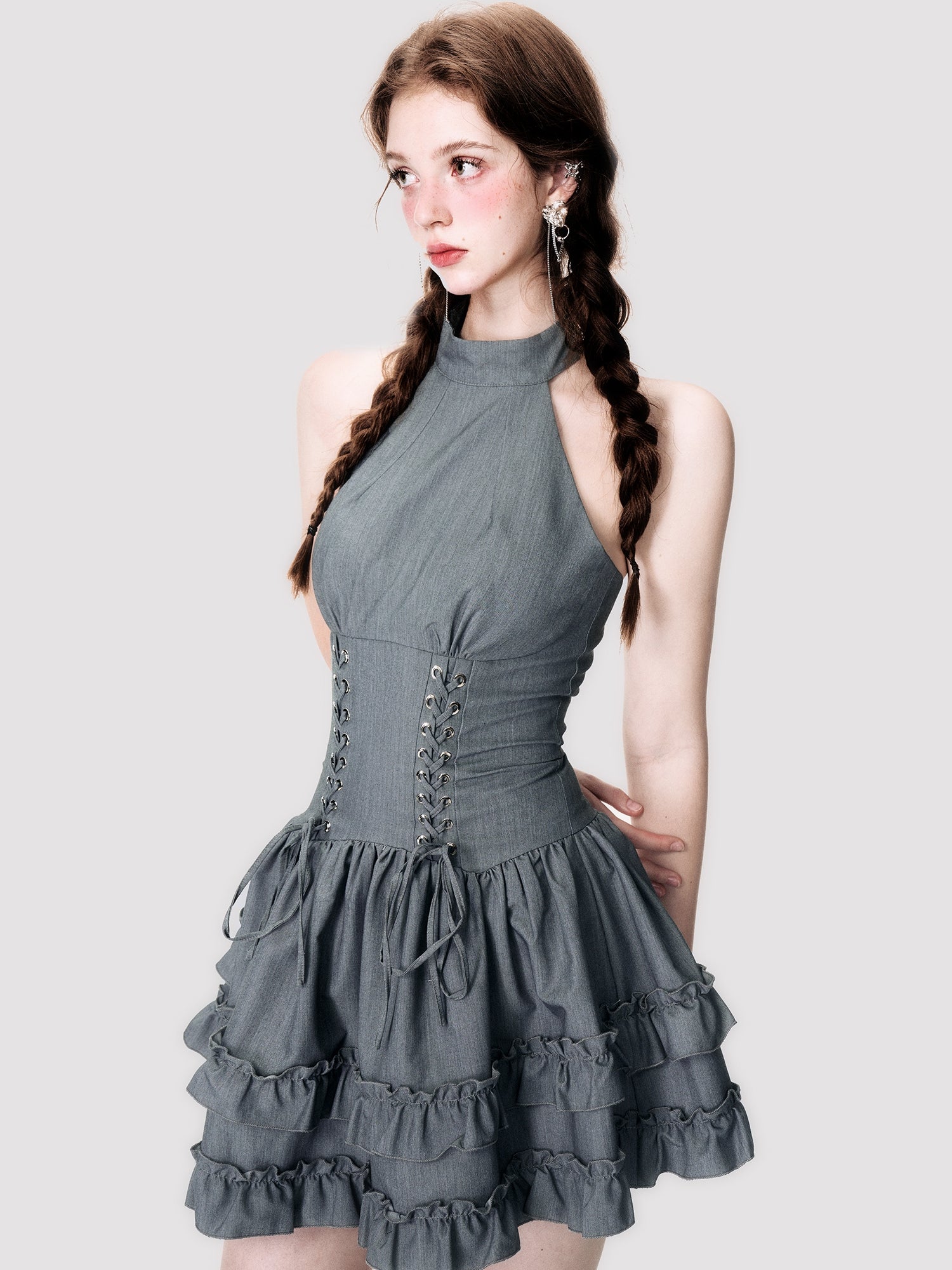 Halter-Neck Lace-Up Frill Tiered One-Piece