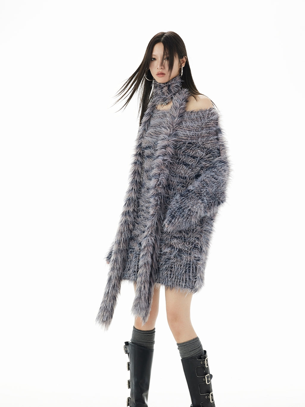 Fluffily Oversize One-Shoulder Loose Mohair-Knit＆Muffler