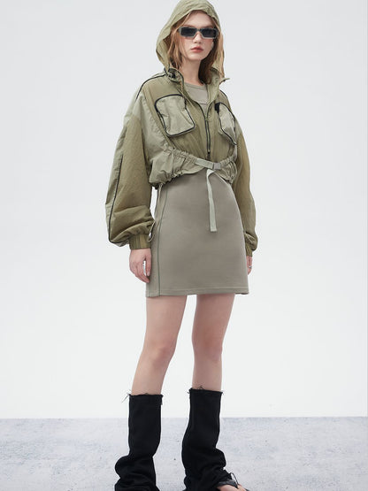 Drawstring Mesh Sporty Balloon-Sleeve Parka