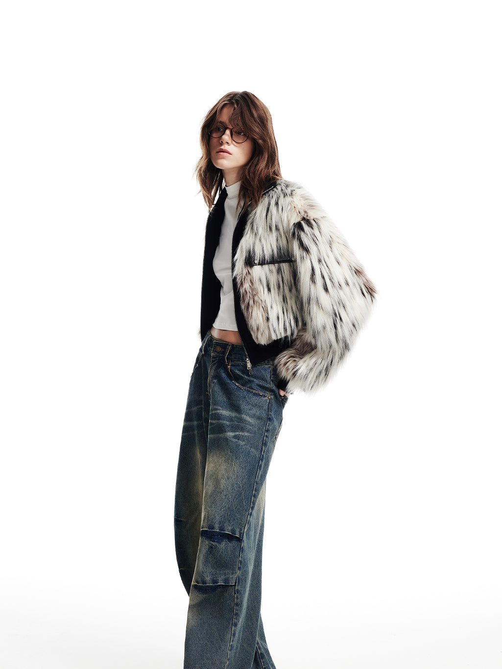 High-Neck Knit Zip Short-Length Balloon-Sleeve Fur-Jacket