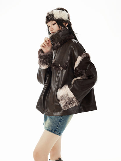 Fur Speckled Cool Stand-Collar Belt Leather-Jacket