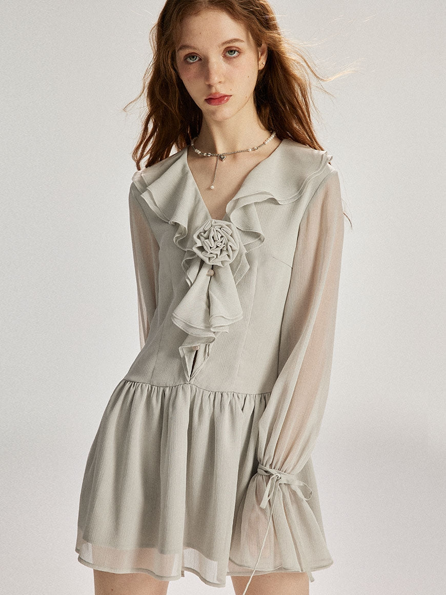 Sheer Flare-Sleeve Ciffon Frill Flower Mini-One-Piece