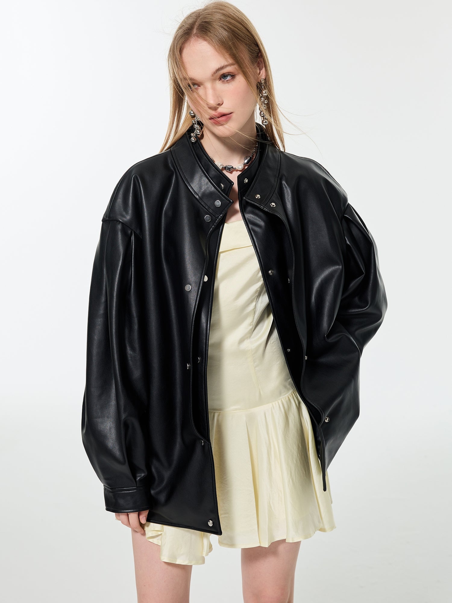 Smooth Middle Cool Simple Oversize Letaher-Jacket