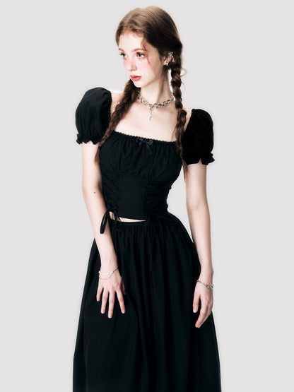 Puff-Sleeve Cropped Lace-Up Back-Open Blouse&amp;Long-Skirt