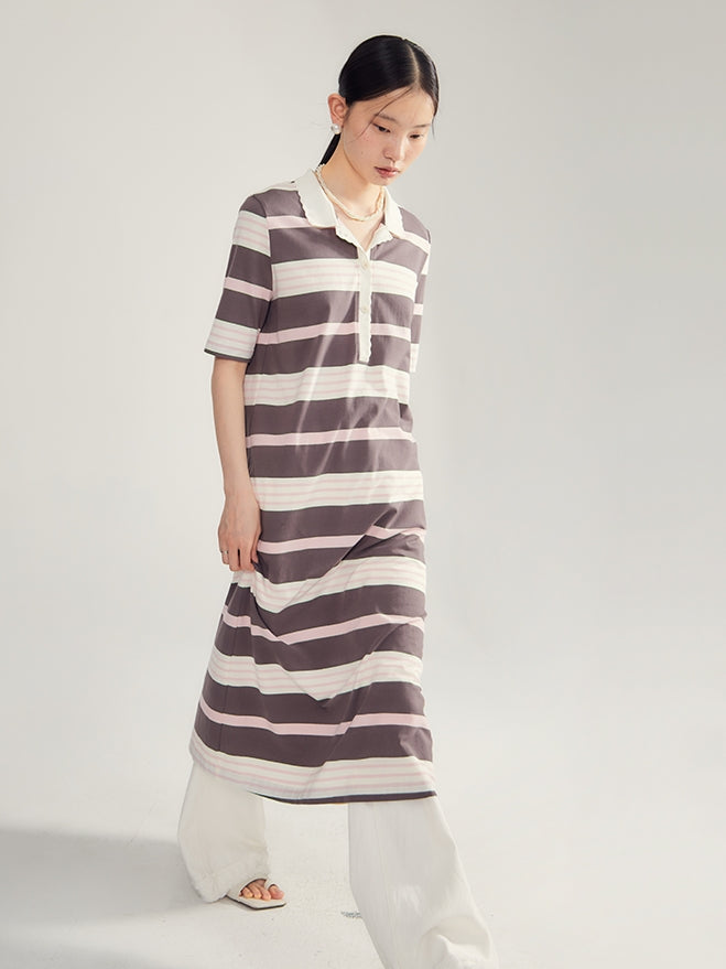 2-Type Border Long Casual I-Line Polo-One-Piece