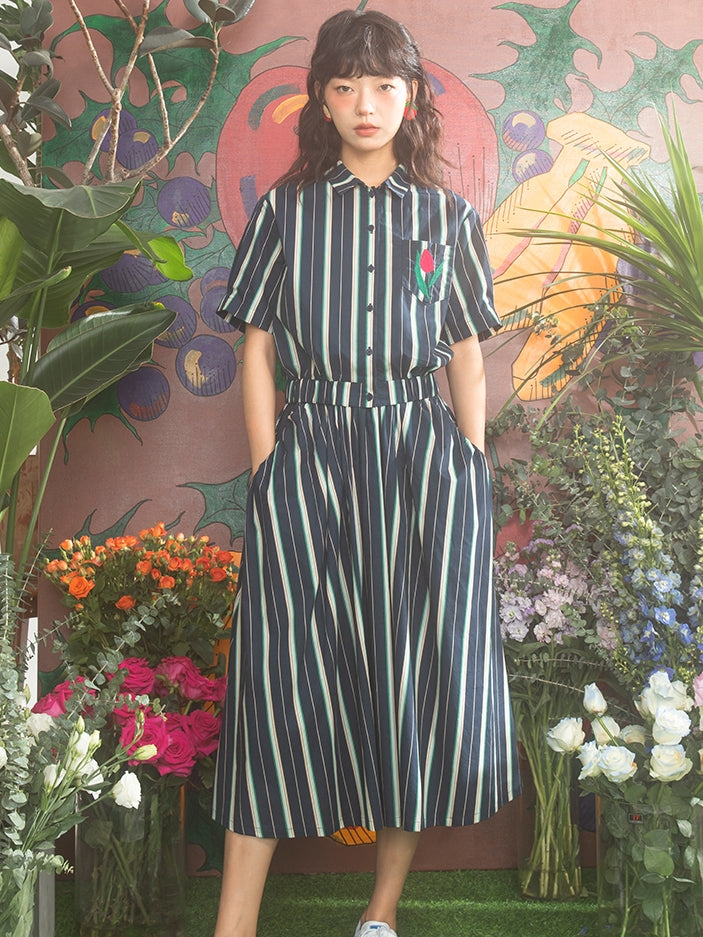 Stripe Casual Smmer Tulip Shirt&amp;Long-Skirt