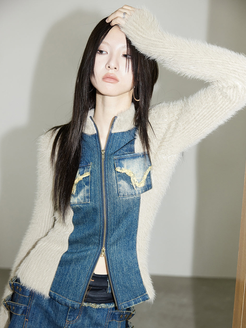 Denim＆Knit Patchwork Double-Zip Fur Tops