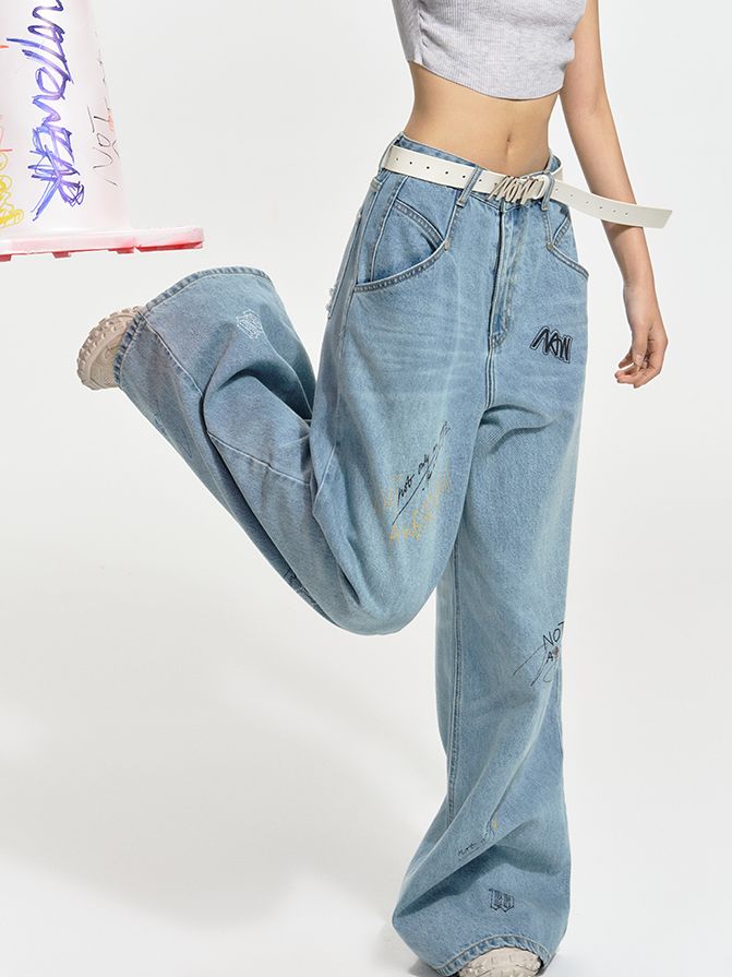 Logo Wide-Leg Denim Casual Loose Pants