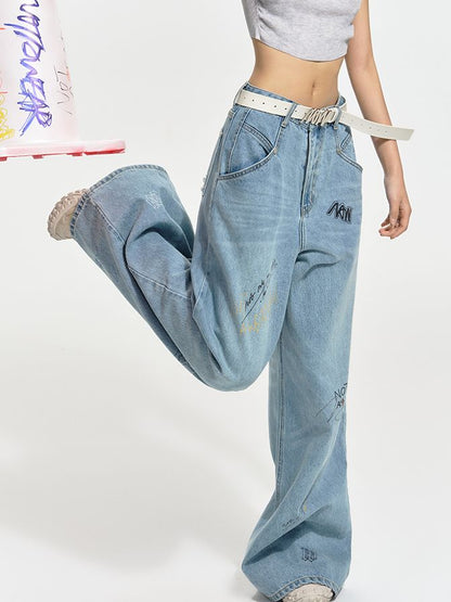 Logo Wide-leg Denim Casual Loose Pants