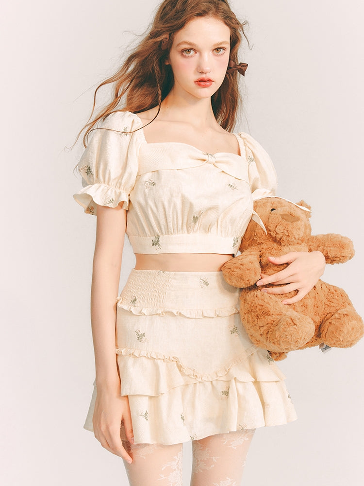 Embroidery Tiered Puff-Sleeve Flower Blouse&amp;Mini-Skirt