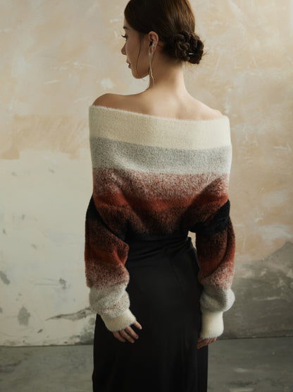 Off-Shoulder Gradation Fluffily Retro Knit