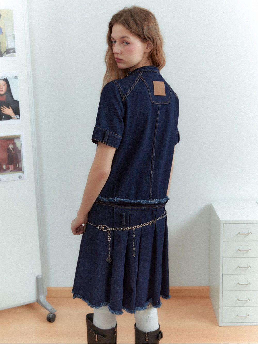 Denim Pleats Casual Retro Girly Cutt-off One-piece