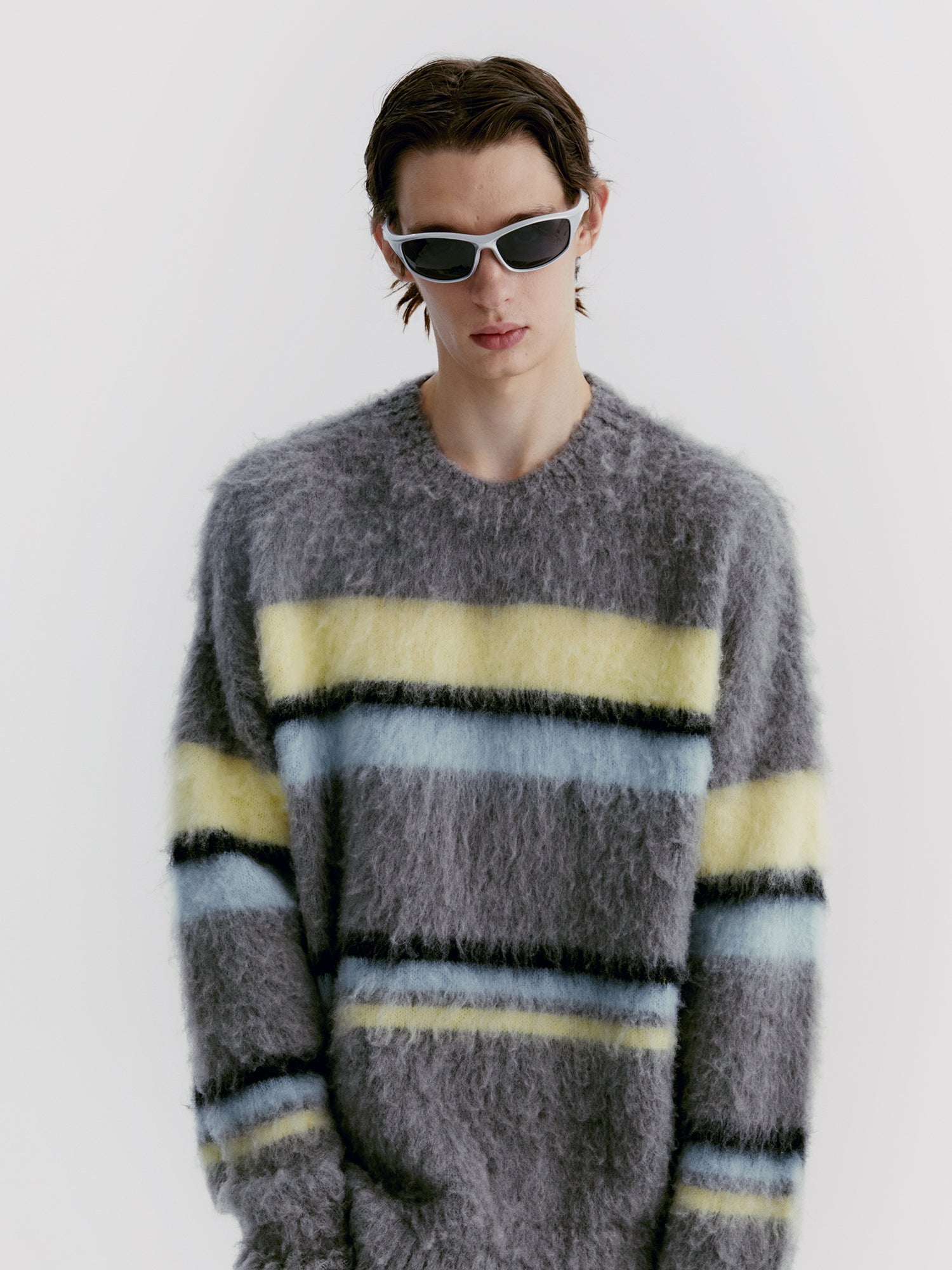 Unisex Border Mohair Ovresize Loose Creneck Knit