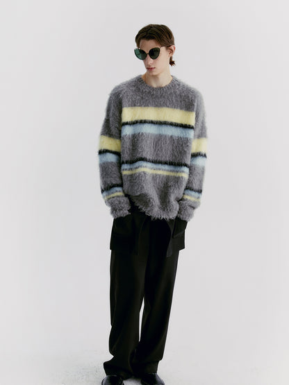 Unisex Border Mohair Ovresize Loose Creneck Knit