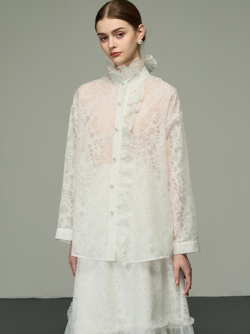 Lace Sheer Elegant Retro High-Neck Frill Blouse