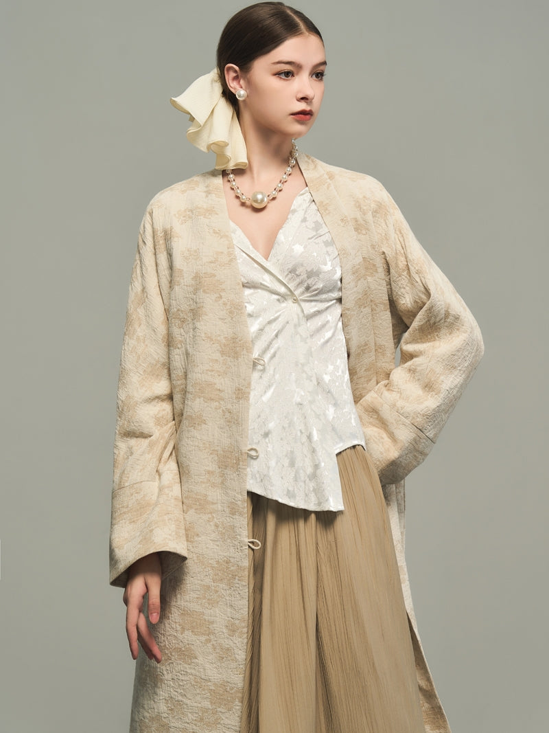 Flower Embroidery Long No-Collar Cotton Long-Coat