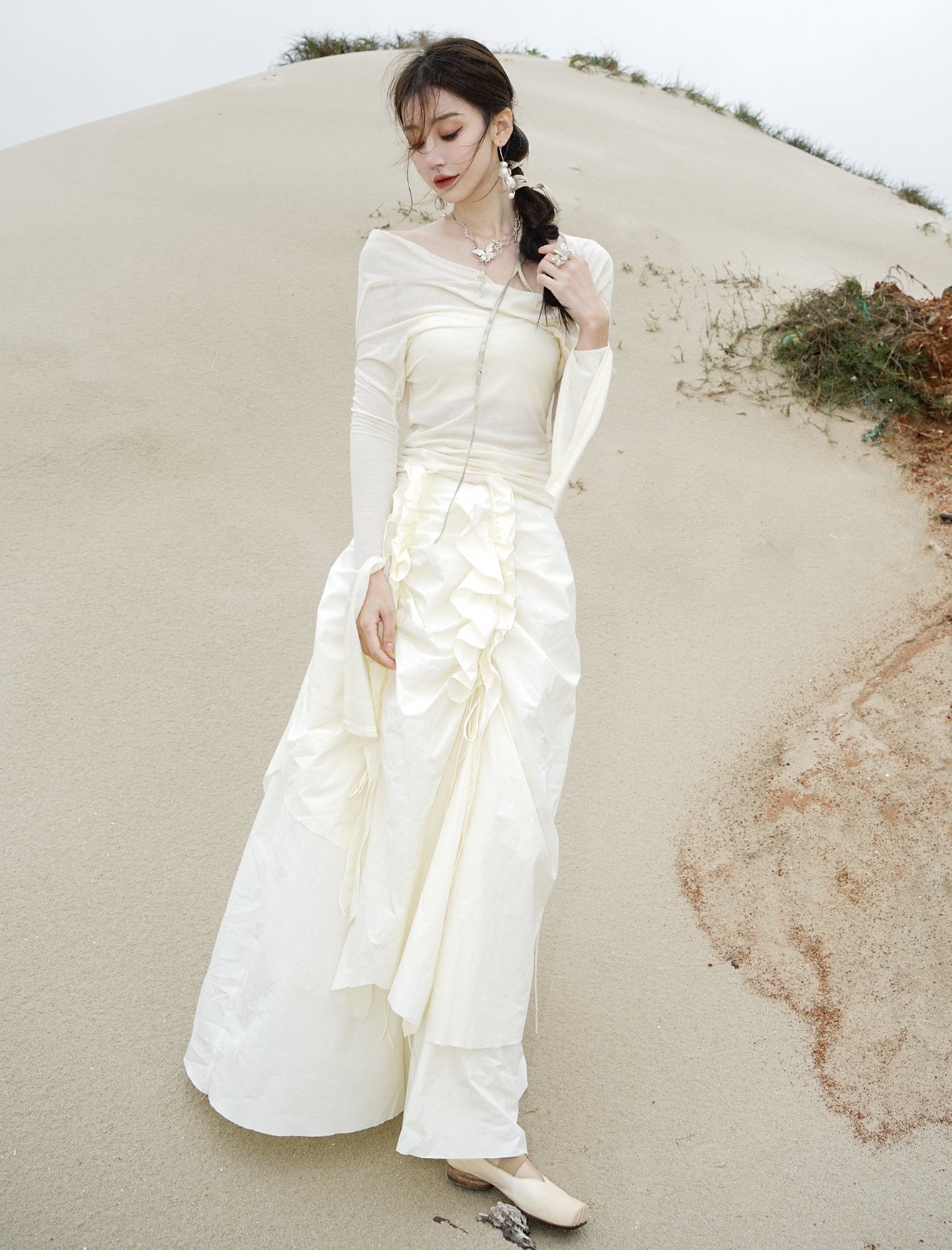 Elegant Frill Ruffle Drawstring Long-Skirt