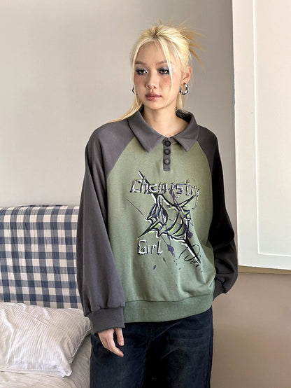 Polo-Neck Casual Retro Sweat Pullover