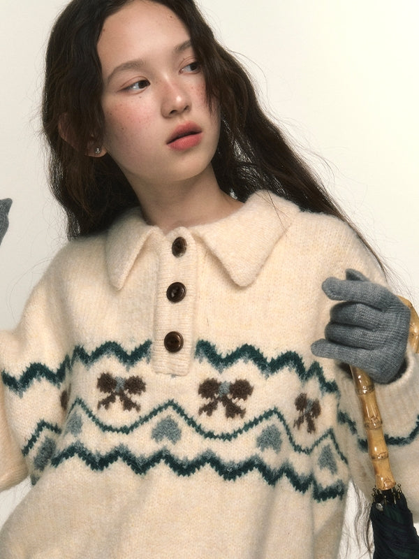 Polo-Neck Nordic Ribbon Knit Sweater