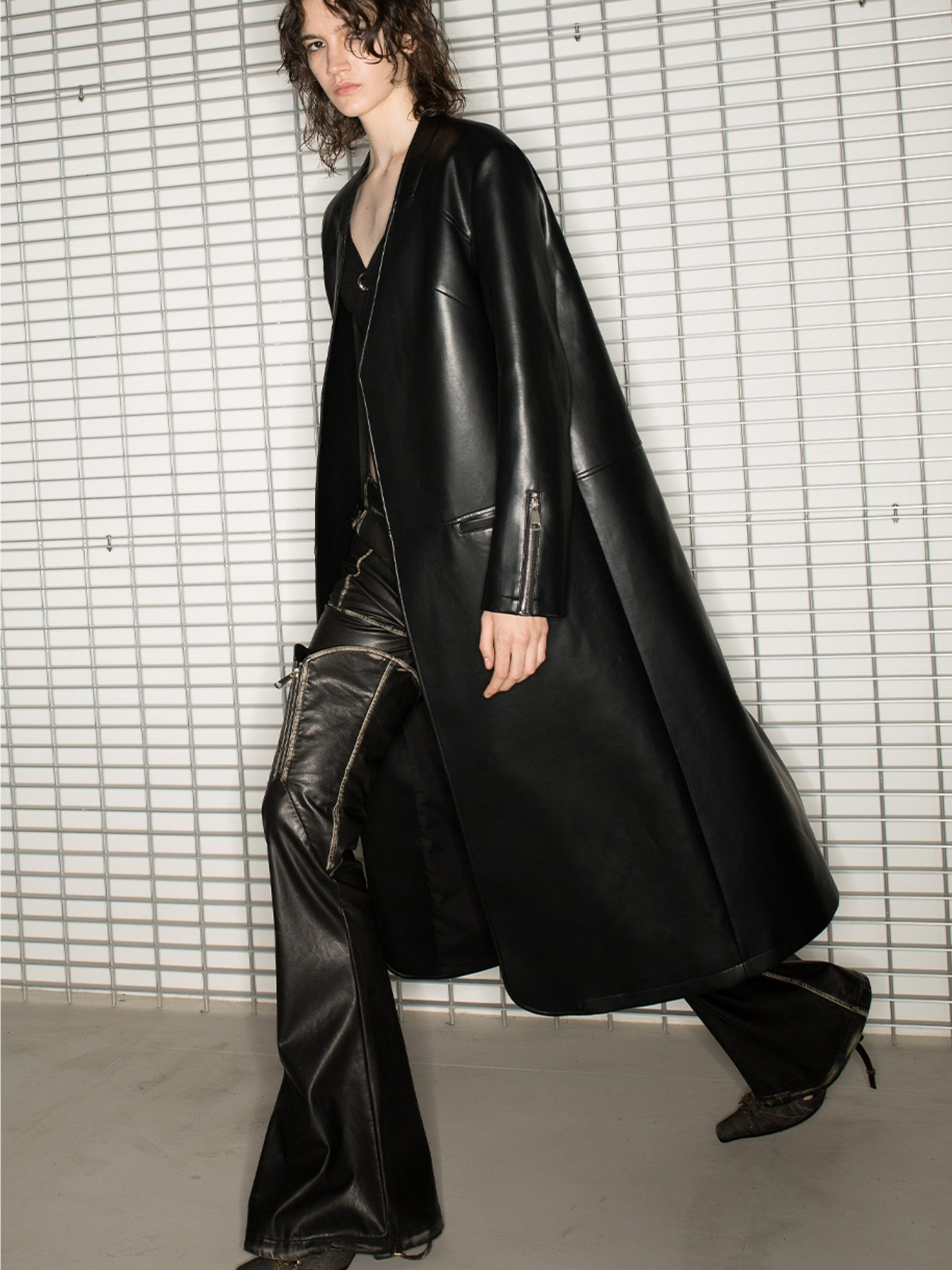 Leather Cool No-Collar Smooth Long-Coat