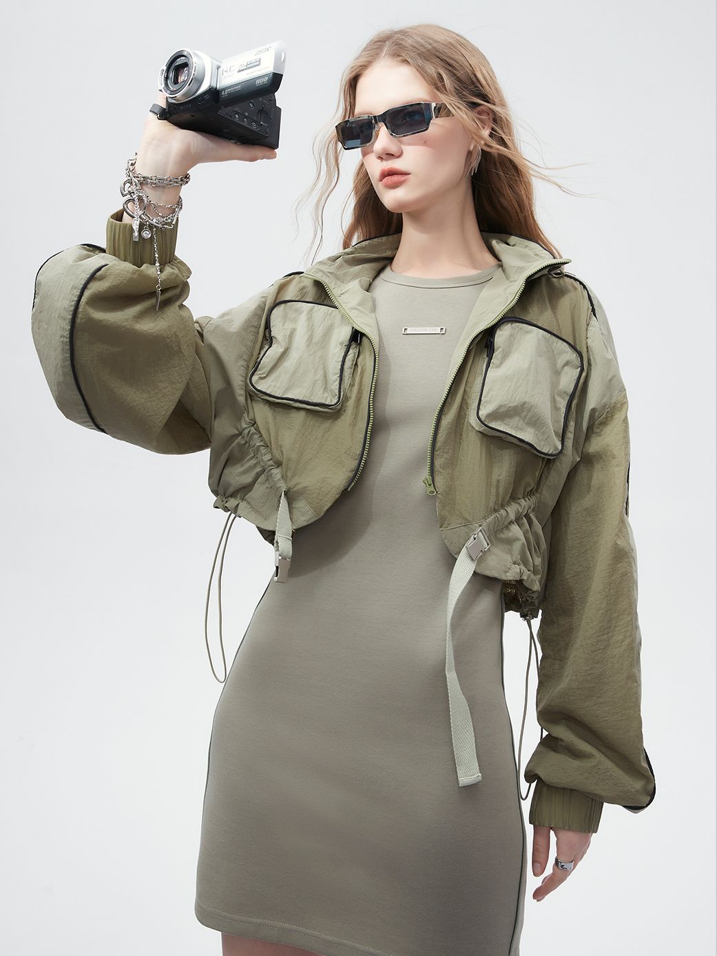 Drawstring Mesh Sporty Balloon-sleeve Parka