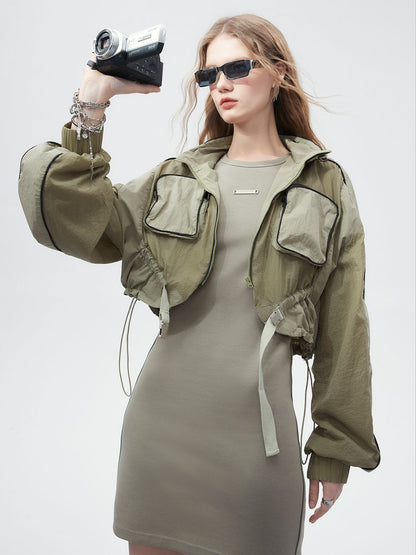 Drawstring Mesh Sporty Balloon-Sleeve Parka