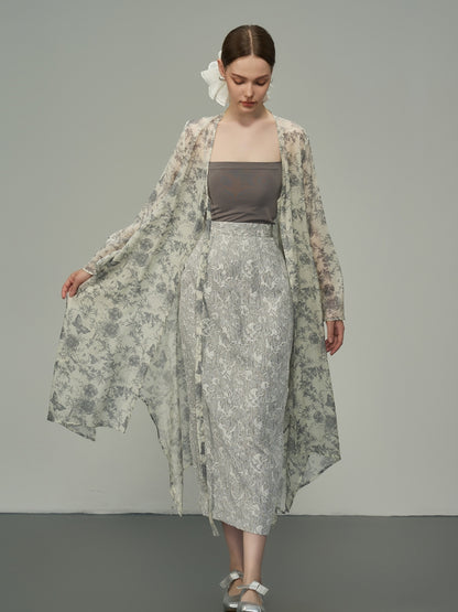 Flower Butterfly Sheer Loose Long-Cardigan