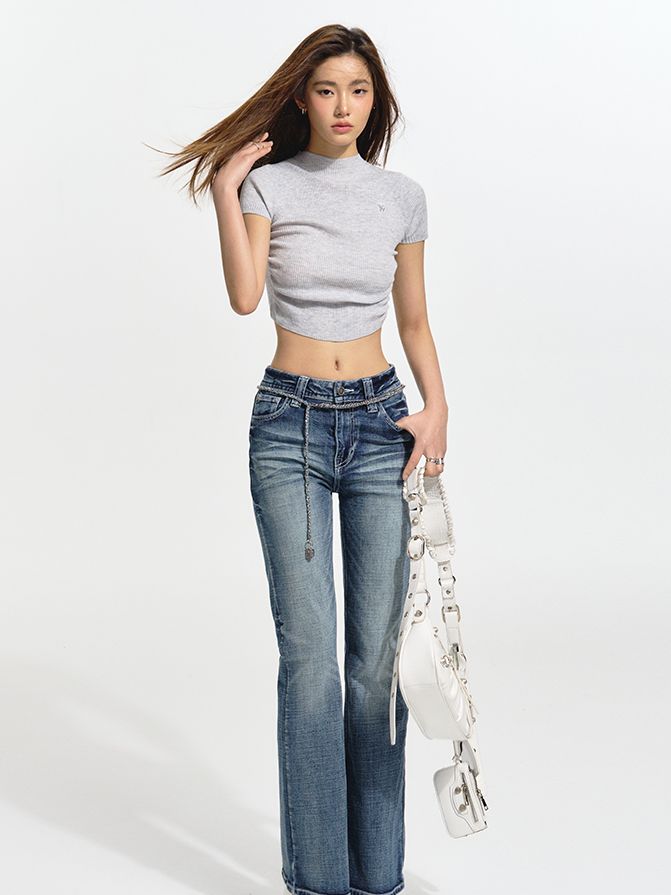 Cropped Bottle-Neck Tight Slim-fit Casual T-Shirt