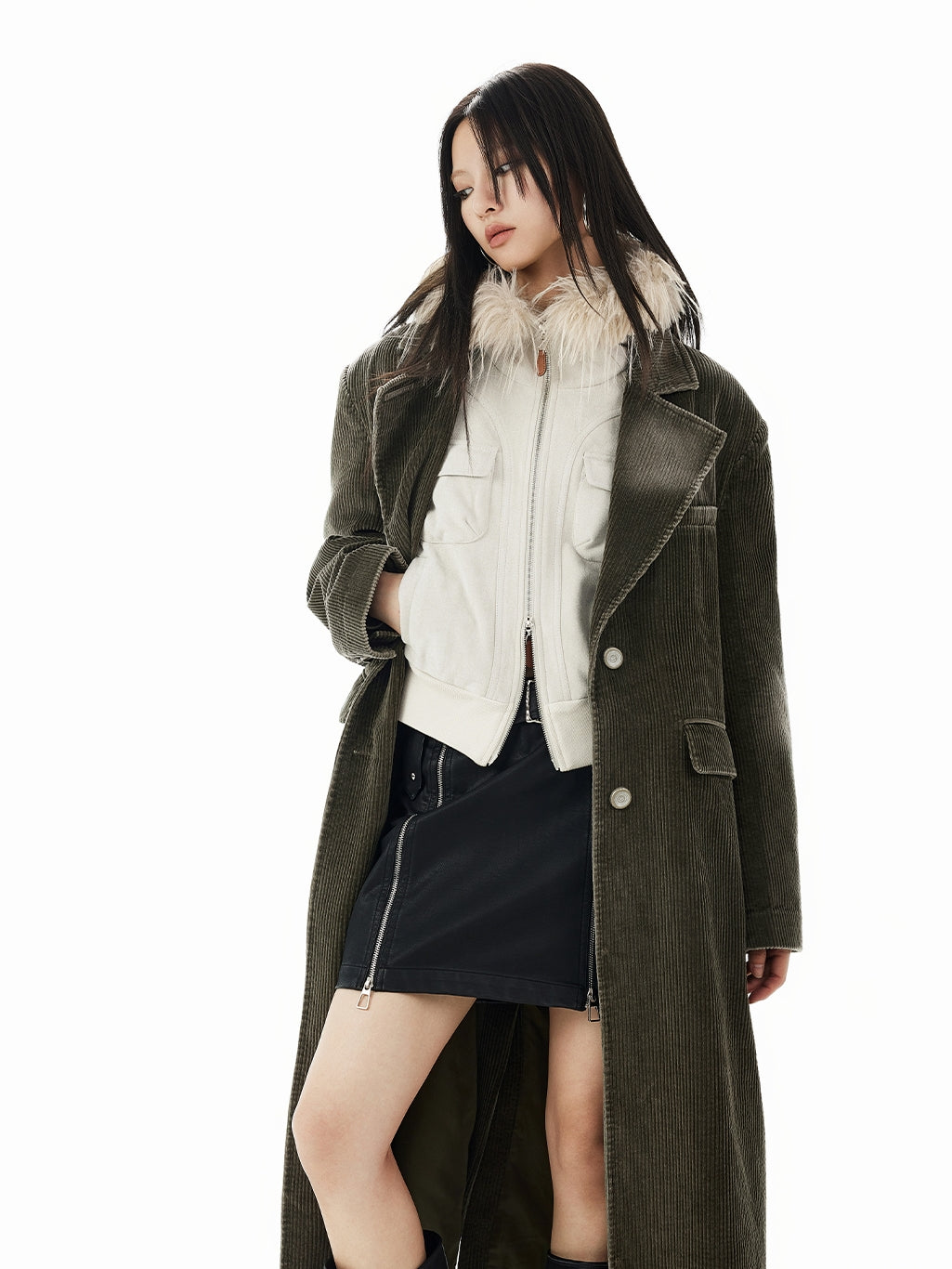 Corduroy Plain Retro Faded Long-Coat＆Muffler